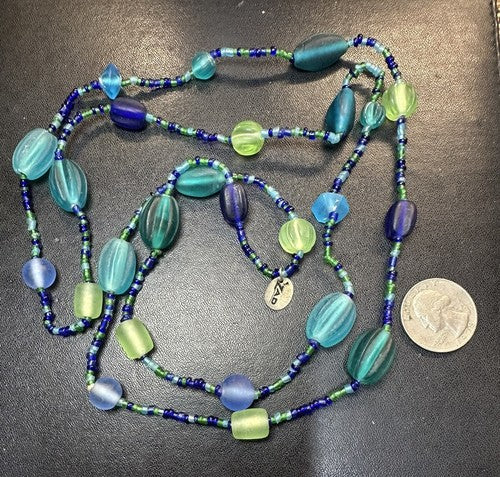 ZAD Blue Green Sea Glass Look Beaded Necklace 42”