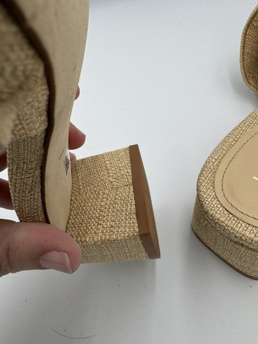 Larroude Brigitte Ruffle Mule Size 7 Beige Raffia Block Heel Sandal Brigite