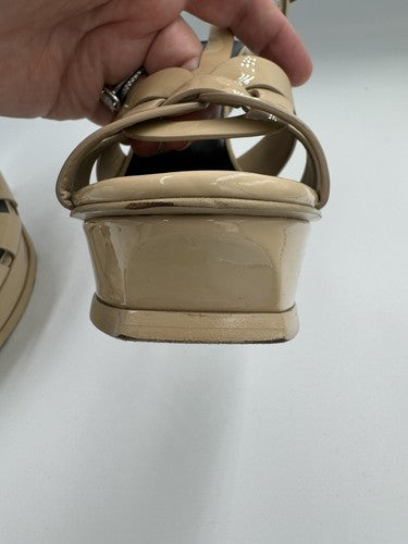 YSL SAINT LAURENT Tribute Patent Leather Platform Heels 37.5 7 Nude Strappy