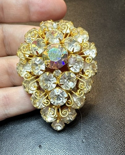 VINTAGE JULIANA DELIZZA & ELSTER AURORA BOREALIS FILIGREE BROOCH EUC GOLD TONE