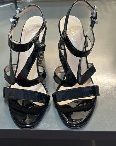 Aquatalia Patent Leather Surprise Wedge Upscale Espadrille Sandals Black, Size 7