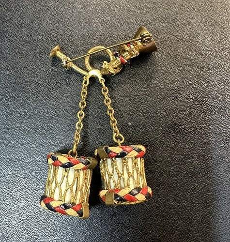WWII Patriotic Red White Blue Braided Leather Drum Bugle Sweetheart Brooch