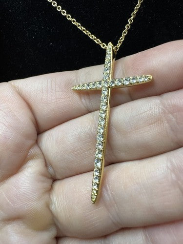 Elegant Nadri Crystal Rhinestone Gold Tone Cross Pendant 25" Necklace