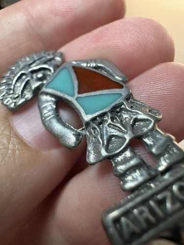 KACHINA PIN ARIZONA TURQUOISE CORAL SILVER METAL PIN Brooch Pewter
