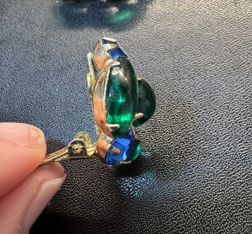 Vintage Brooch Clip On Earrings Set Gold Tone Blue Green Rhinestone