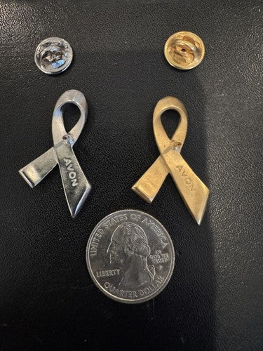 Avon Signed Pink Rhinestone Gold and Silver Tone Breast Cancer Ribbon Lapel Pin