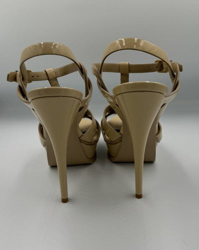 YSL SAINT LAURENT Tribute Patent Leather Platform Heels 37.5 7 Nude Strappy