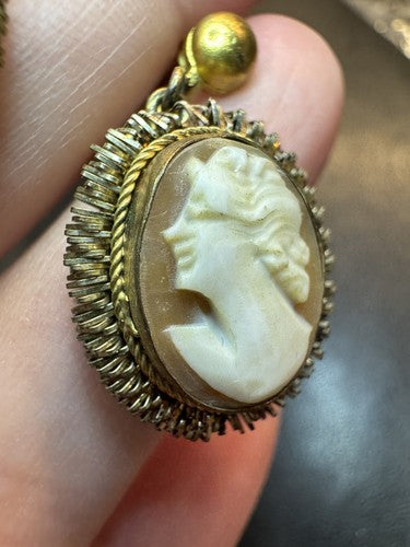 Antique Cameo Shell Dangle Screw Back Earrings