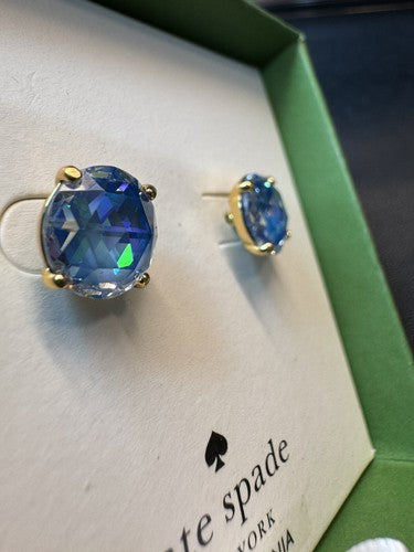 Kate Spade earrings Bright Ideas blue crystal studs sparkly goldtone