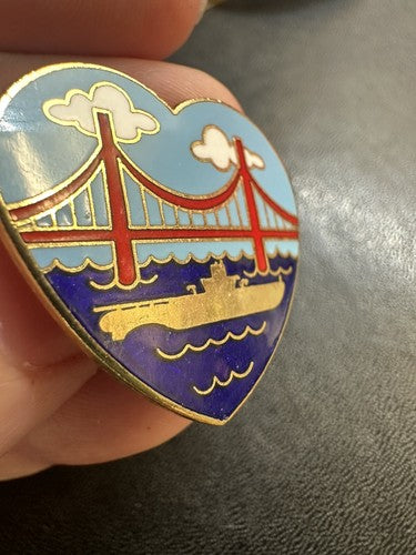 Vintage San Francisco Golden Gate Bridge Submarine Heart Enamel Pin Navy