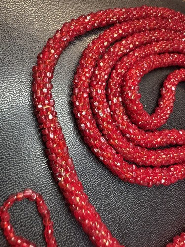 Antique Art Deco Sautoir Red Seed Bead Flapper Lariat Rope Necklace Tassel 57”