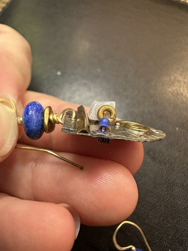 Marcia Q Miller~Lapis Lazuli, Stamped Pewter & Brass Earrings