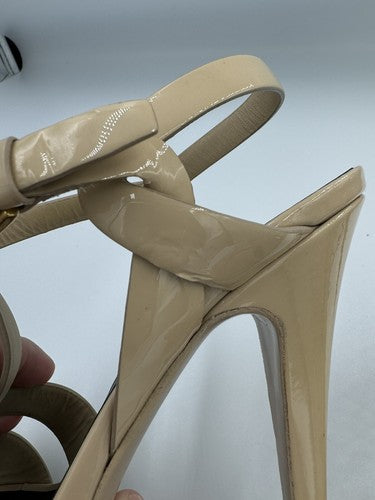 YSL SAINT LAURENT Tribute Patent Leather Platform Heels 37.5 7 Nude Strappy