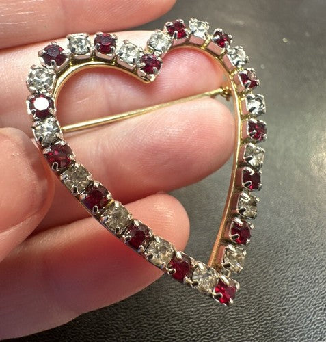 Vintage Prong Set Red Clear Crystal Rhinestone Gold Silver Heart Pin Brooch