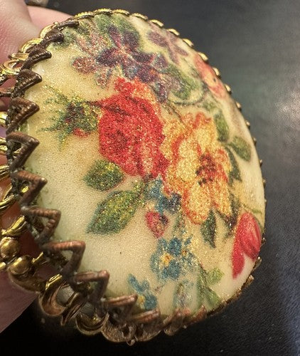 Vintage West Germany Sugar Glass, Floral Pattern. Gold Tone Filigree.