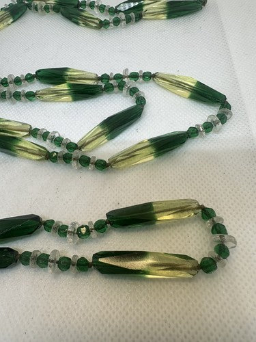 Antique Czech Uranium Vaseline Glass Faceted Bead Necklace Art Deco Flapper 50"