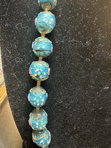 Antique Vintage Venetian Turquoise Blue Foil Glass Wedding Cake Bead Necklace