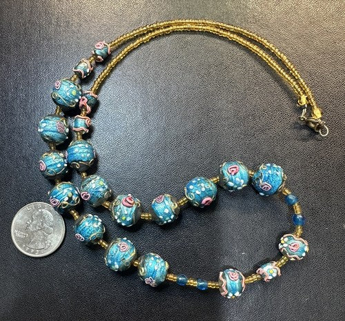 Antique Vintage Venetian Turquoise Blue Foil Glass Wedding Cake Bead Necklace