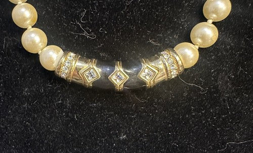 Vintage Swarovski Faux Pearls Necklace With Gold Tone Crystal Enamel Feature