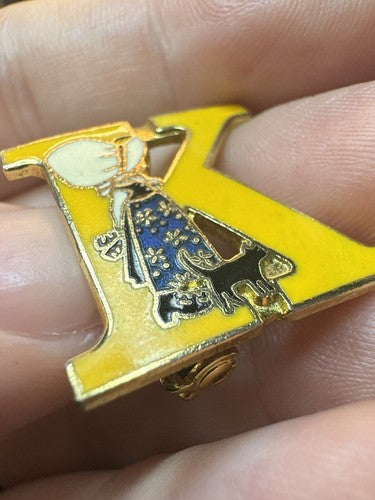 Vintage Holly Hobbie Initial K Letter Gold Tone and Enamel Brooch Pin RARE