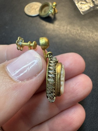 Antique Cameo Shell Dangle Screw Back Earrings