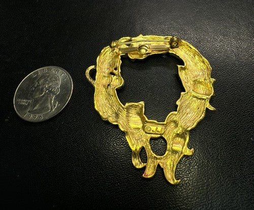 Vintage Gold Tone JJ Jonette Cat Christmas Wreath Holiday Brooch Pin