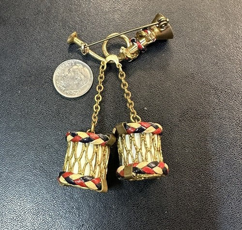 WWII Patriotic Red White Blue Braided Leather Drum Bugle Sweetheart Brooch