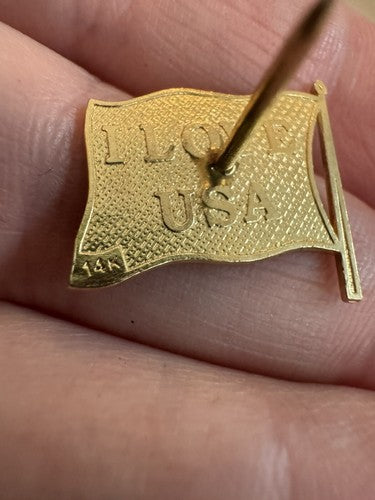 14k Solid Gold Enamel American Flag Lapel Pin Brooch Tie Tack I LOVE USA on Back