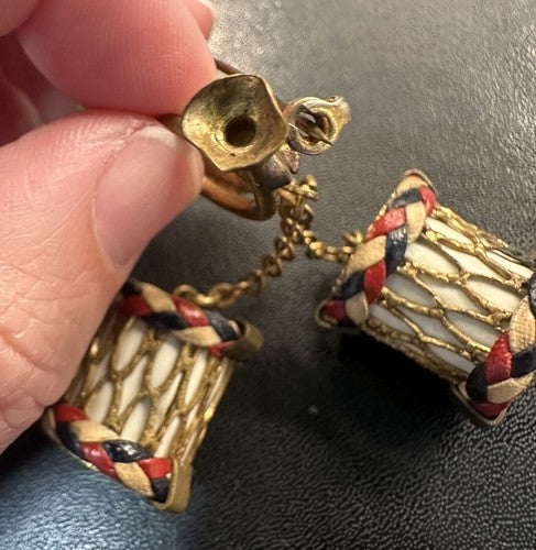 WWII Patriotic Red White Blue Braided Leather Drum Bugle Sweetheart Brooch