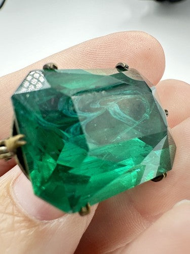 Incredible Antique Early Art Deco Made In Czechoslovakia Green Glass Brooch