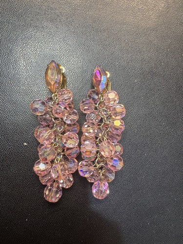 Lewis Segal Vintage Earrings Chandelier Pink Aurora Borealis Statement Clip On