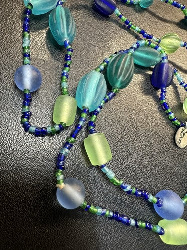 ZAD Blue Green Sea Glass Look Beaded Necklace 42”