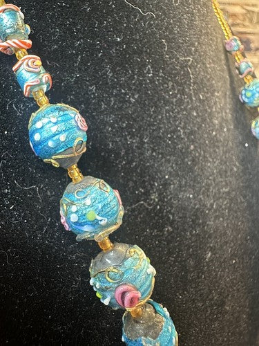 Antique Vintage Venetian Turquoise Blue Foil Glass Wedding Cake Bead Necklace