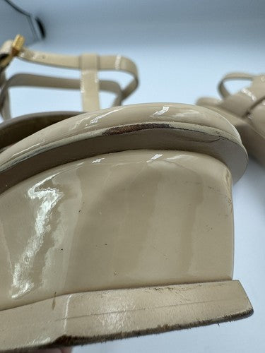 YSL SAINT LAURENT Tribute Patent Leather Platform Heels 37.5 7 Nude Strappy