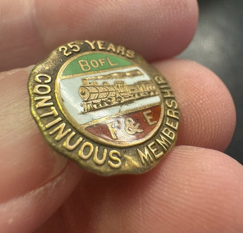 Vintage 14k G.F. enamel Brotherhood of Locomotive Firemen and Enginemen Pin 25yr