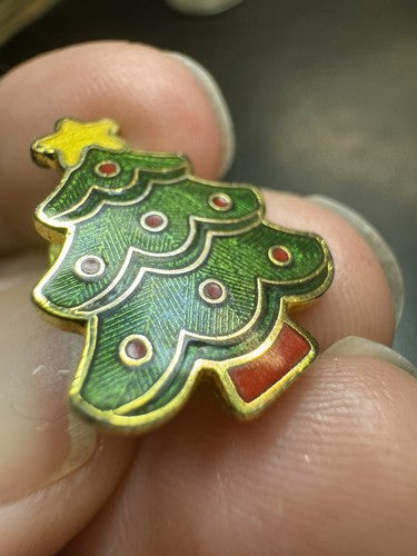Vintage Enamel Christmas Tie Tack Tree Lapel Pin Signed Green Red Gold