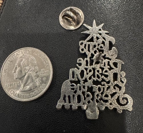 Jesus Is The Reason For The Season Vtg Brooch Pin Rhinestones Pewter Tree Shape