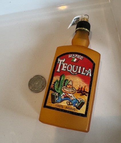 NWT- Glass Tequila Bottle Christmas Tree Ornament Orange Glitter Agave Mexico