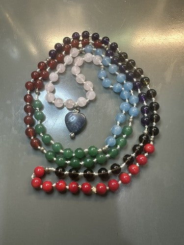 108 Bead Rainbow Amethyst Rose Quartz Lapis Carnelian Necklace Knotted Mala .925