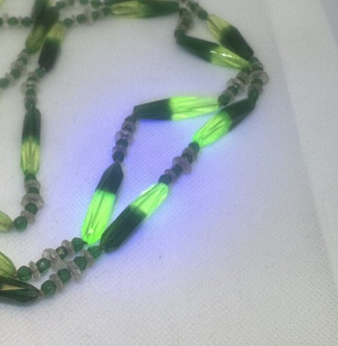 Antique Czech Uranium Vaseline Glass Faceted Bead Necklace Art Deco Flapper 50"