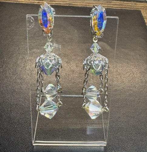 Lewis Segal Vintage Earrings Chandelier Aurora Borealis Statement Clip On