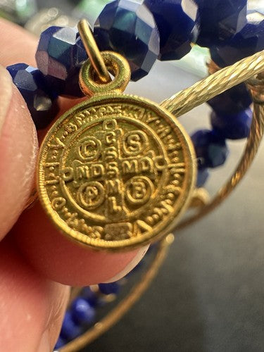 St. Benedict Medal Faceted Blue Gold Stretch Charm Bracelet