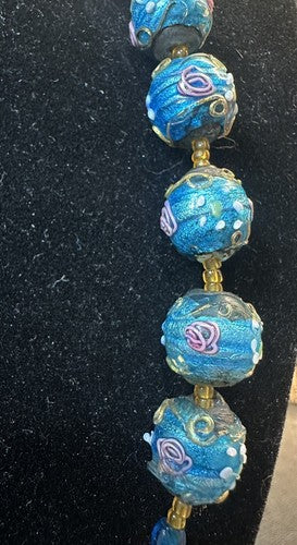 Antique Vintage Venetian Turquoise Blue Foil Glass Wedding Cake Bead Necklace
