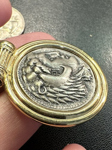 VINTAGE GOLD TONE ANCIENT COIN BAR DANGLE ENHANCER BROOCH PIN 2" NEW