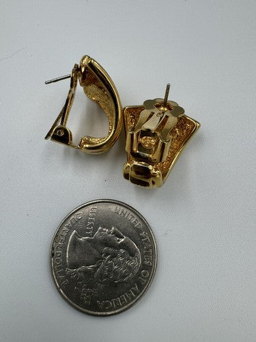 Vintage Signed KJL Kenneth J Lane Gold Tone Clip On Post Earrings Fan Shell Deco
