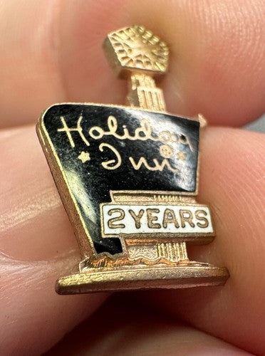 Unique Holiday Inn 2 Years Vintage Lapel Pin - Black Enamel Rose Gold Balfour