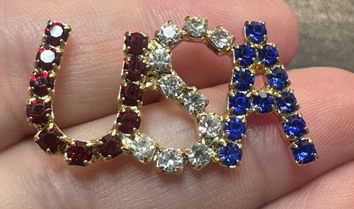 Vintage Unusual USA Rhinestone Pin Red White Blue Brooch