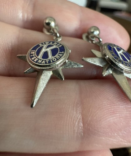 Vintage Kiwanis International Starburst Earrings Silver Tone Logo RARE HTF