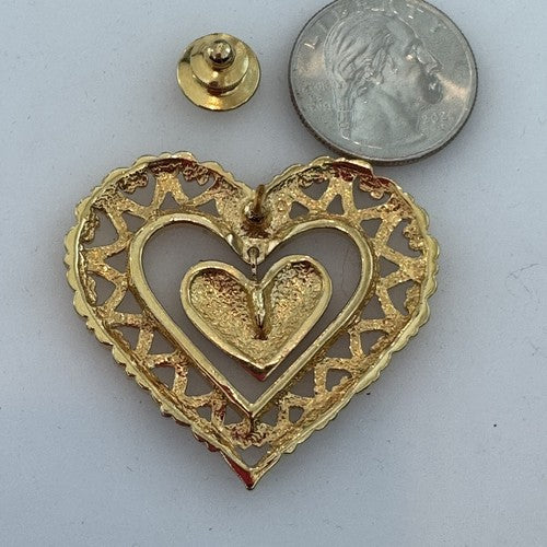Vintage Avon 1990 Dangling Heart Gold Tone Red Enamel 1 1/2” Pin