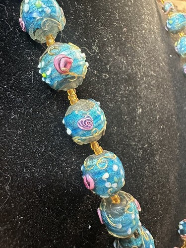 Antique Vintage Venetian Turquoise Blue Foil Glass Wedding Cake Bead Necklace